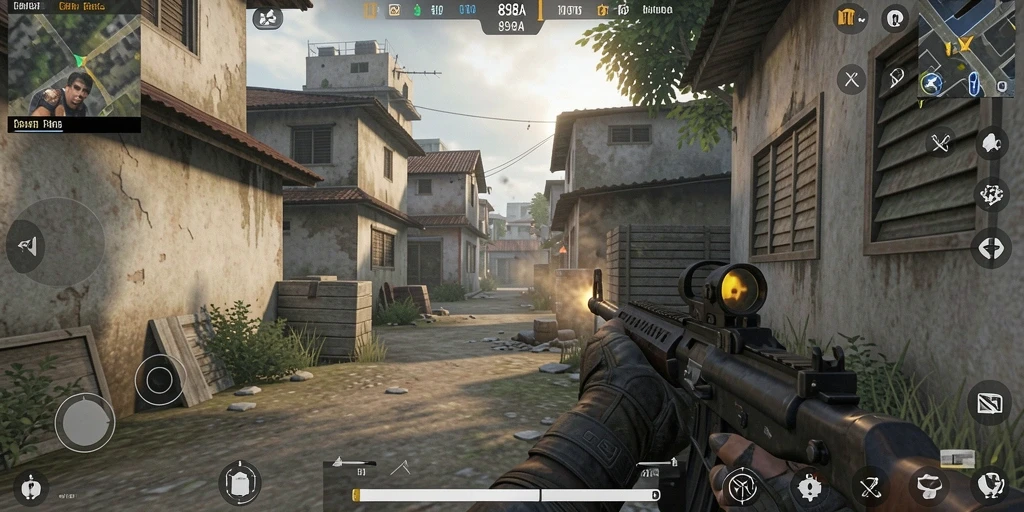 Screenshot menampilkan aksi intens dalam game FPS 898A.