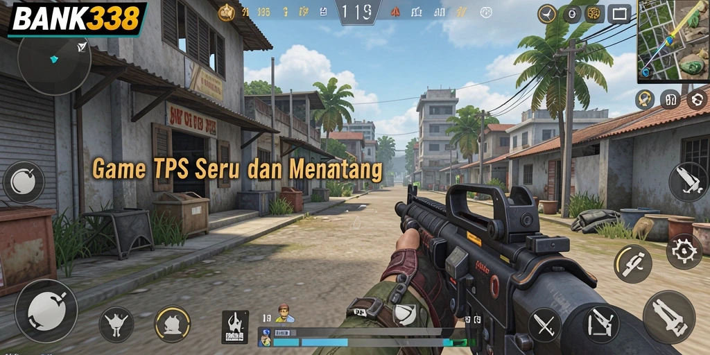 Tangkapan layar utama BANK338 menampilkan aksi gameplay TPS yang mendebarkan.