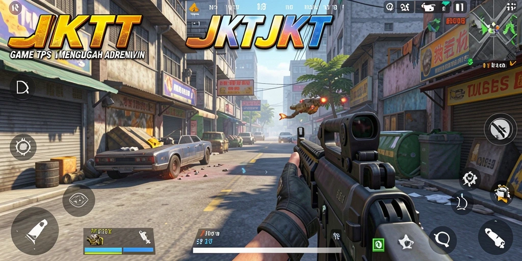 Screenshot utama menampilkan aksi intens dalam gameplay TPS JKTJKT.
