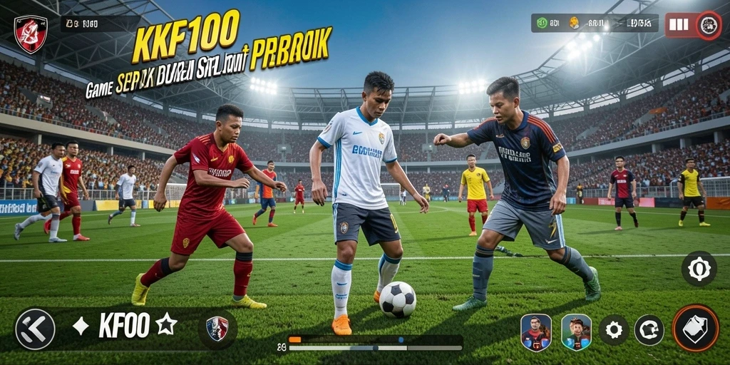 Screenshot gameplay KPK100 menampilkan aksi sepak bola yang seru.