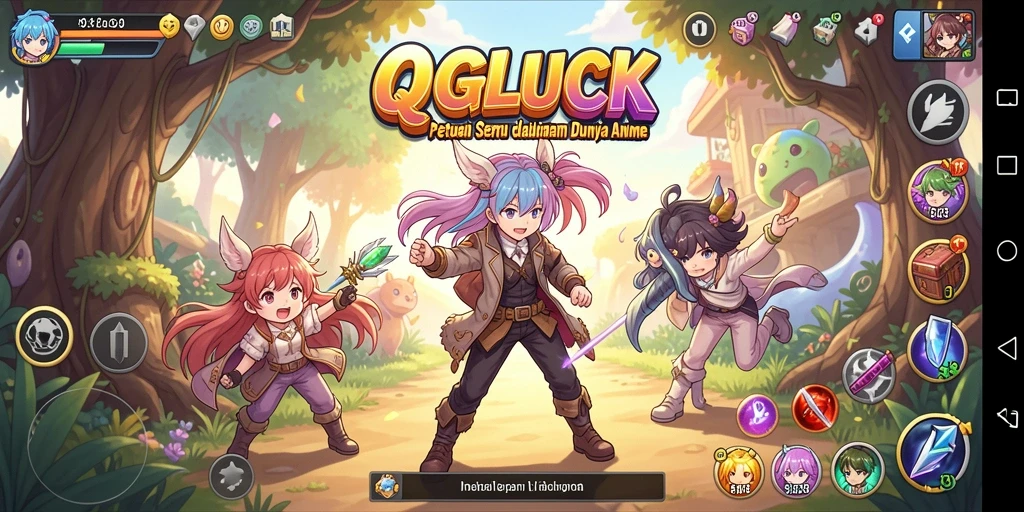 Tangkapan layar utama QGLUCK menampilkan aksi seru dalam game Anime.