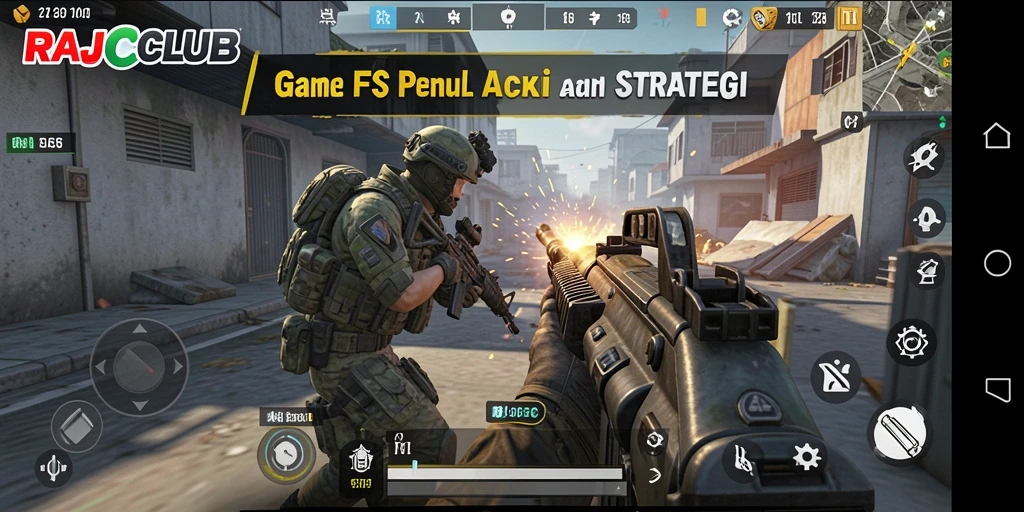 Tangkapan layar utama RAJACLUB menampilkan aksi intens dalam pertempuran FPS.